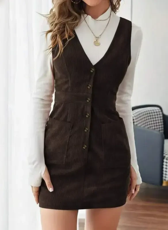 Women's Sleeveless V Neck Front Buttoned Mini Ribbed Velvet Dress - BÜYÜKBEDENIZ