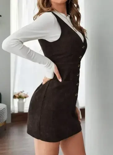 Women's Sleeveless V Neck Front Buttoned Mini Ribbed Velvet Dress - BÜYÜKBEDENIZ (1)