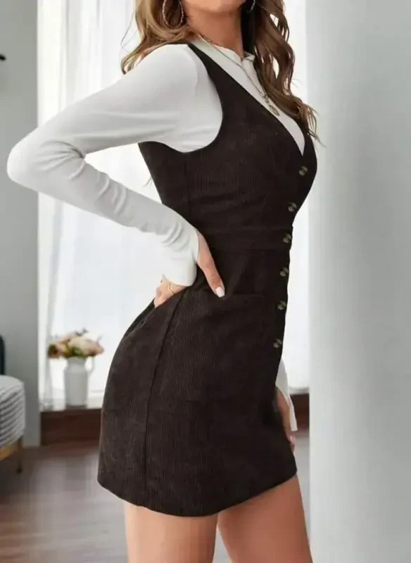 Women's Sleeveless V Neck Front Buttoned Mini Ribbed Velvet Dress - 2