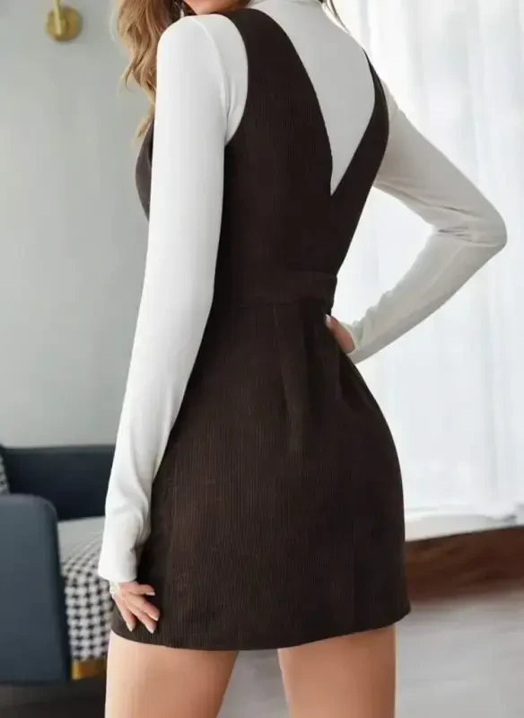 Women's Sleeveless V Neck Front Buttoned Mini Ribbed Velvet Dress - 3