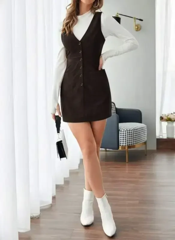 Women's Sleeveless V Neck Front Buttoned Mini Ribbed Velvet Dress - 4