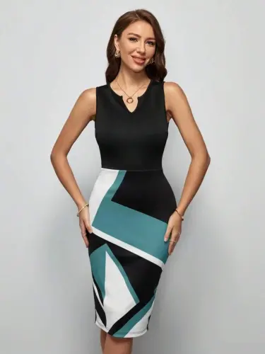 Women's Sleeveless V-Neck Geometric Patterned Midi Scuba Dress - 3
