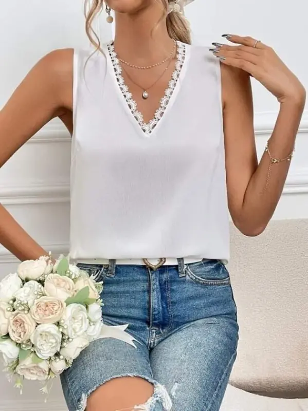 Women's Sleeveless V-Neck Lace Detailed Back-Tie Sandy Blouse - 1
