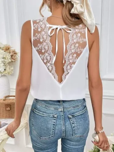 Women's Sleeveless V-Neck Lace Detailed Back-Tie Sandy Blouse - 5