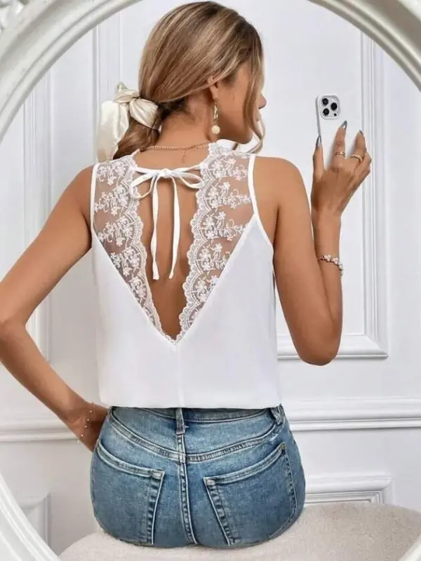 Women's Sleeveless V-Neck Lace Detailed Back-Tie Sandy Blouse - 6