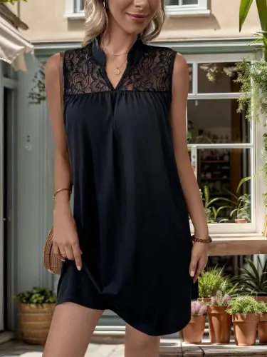 Women's Sleeveless V Neck Lace Lurex Crepe Dress - BÜYÜKBEDENIZ (1)