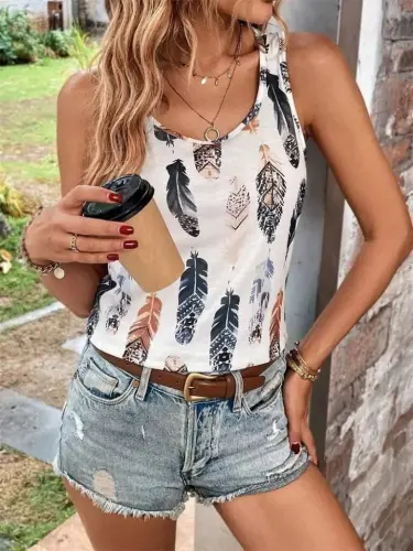 Women's Sleeveless V-Neck Leaf Patterned Supreme Blouse - 4