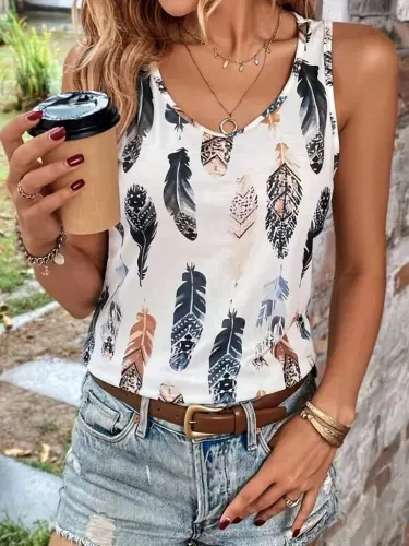 Women's Sleeveless V-Neck Leaf Patterned Supreme Blouse - 5