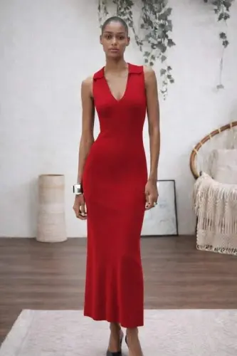 Women's Sleeveless V-Neck Long Knitted Dress - BÜYÜKBEDENIZ (1)
