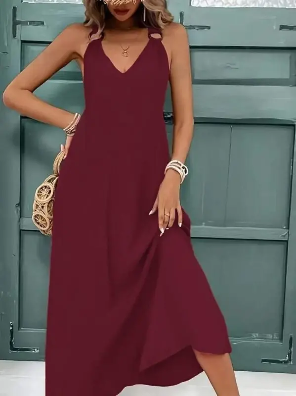 Women's Sleeveless V-Neck Ring Detailed Maxi Viscose Dress - BÜYÜKBEDENIZ