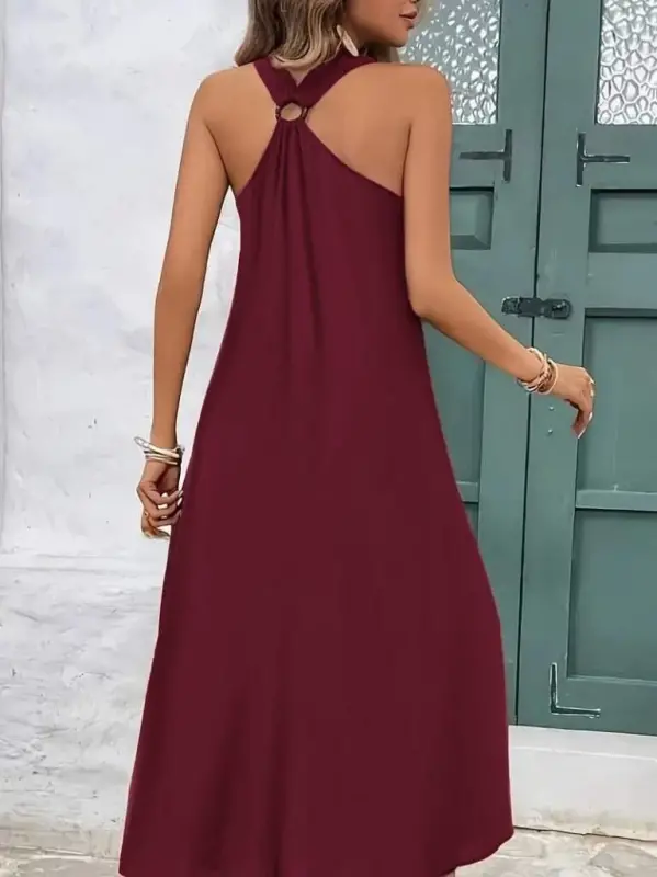 Women's Sleeveless V-Neck Ring Detailed Maxi Viscose Dress - 2