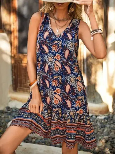 Women's Sleeveless V-Neck Ruffled Patterned Supima Mini Dress - 1