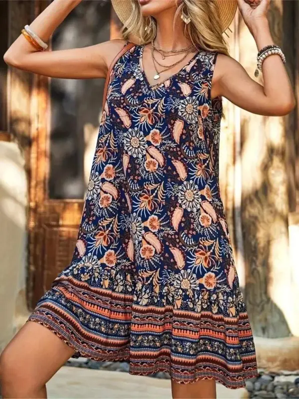 Women's Sleeveless V-Neck Ruffled Patterned Supima Mini Dress - 4