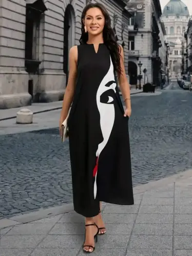 Women's Sleeveless V-Neck Woman Face Patterned Supima Dress - 3