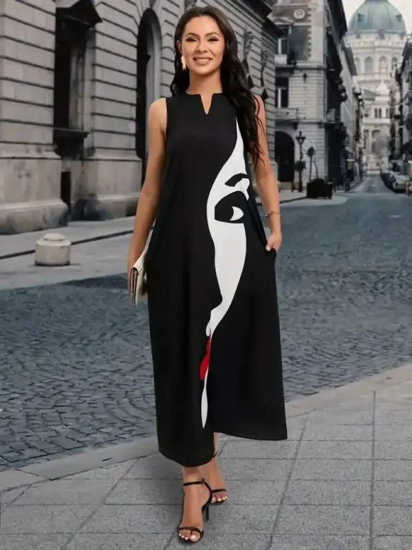 Women's Sleeveless V-Neck Woman Face Patterned Supima Dress - 3