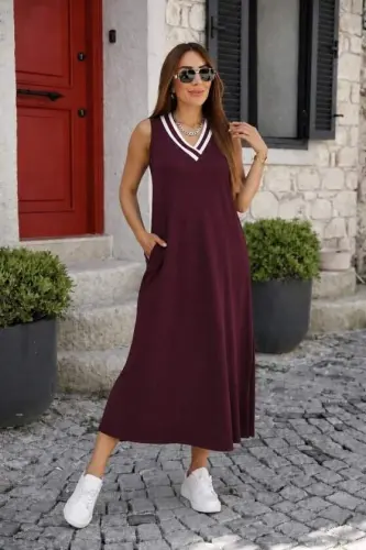 Women's Sleeveless V Ribbed Collar Pocketed Long Viscose Two Thread Dress - BÜYÜKBEDENIZ (1)