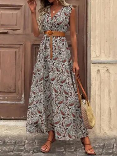 Women's Sleeveless Wrap V-Neck Beltless Patterned Long Single Jersey Dress - BÜYÜKBEDENIZ (1)