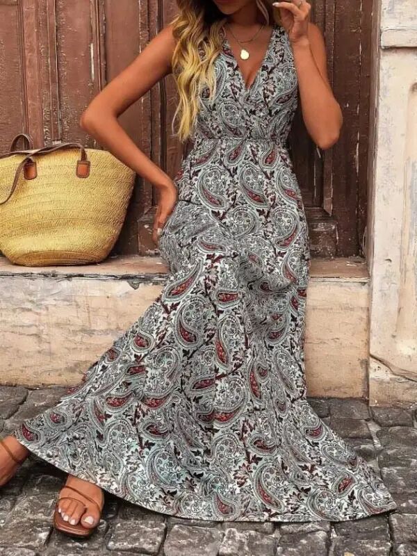 Women's Sleeveless Wrap V-Neck Beltless Patterned Long Single Jersey Dress - 4
