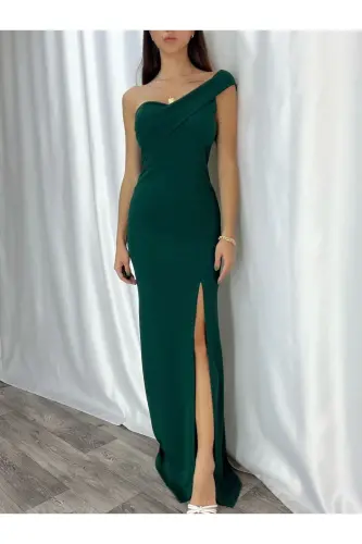 Women's Slit Night Dress Evening Dress-Green - 2