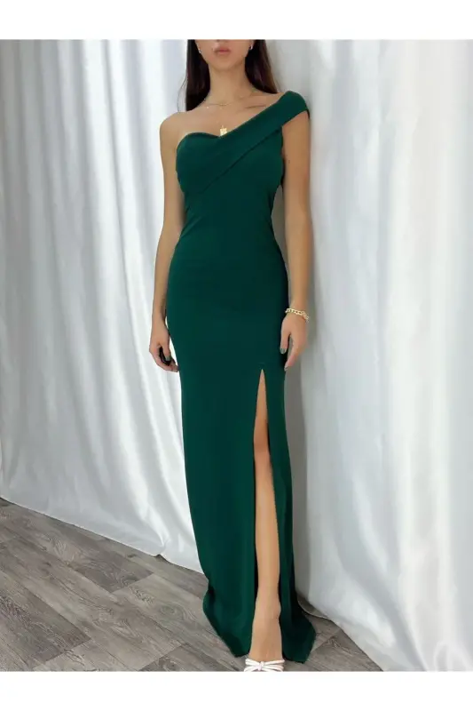 Women's Slit Night Dress Evening Dress-Green - 2
