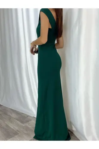 Women's Slit Night Dress Evening Dress-Green - 3