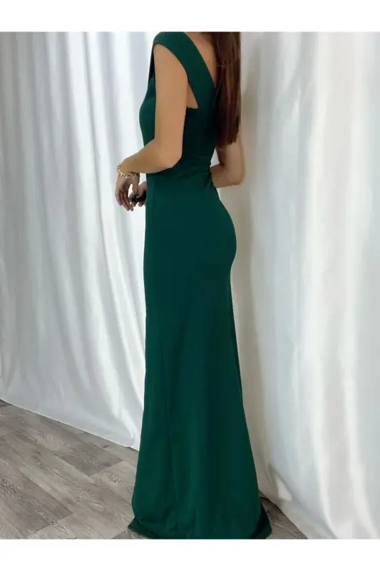 Women's Slit Night Dress Evening Dress-Green - 3