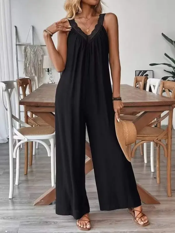 Women's Smart V-Lace Collar Wide Cut Detailed Viscose Jumpsuit - 1
