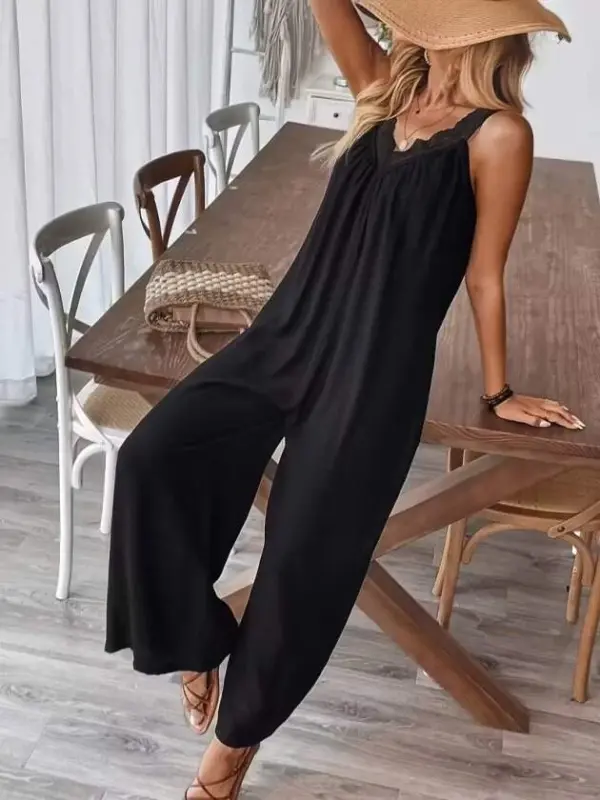 Women's Smart V-Lace Collar Wide Cut Detailed Viscose Jumpsuit - 4
