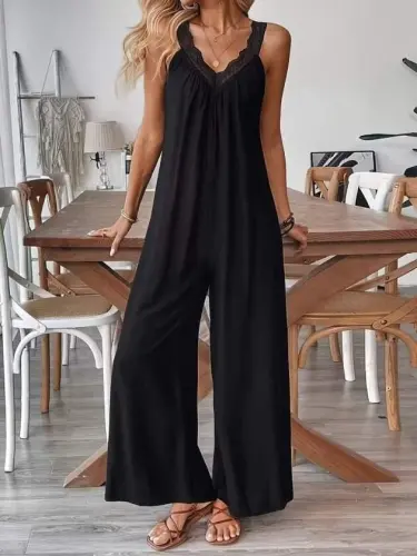 Women's Smart V-Lace Collar Wide Cut Detailed Viscose Jumpsuit - 5