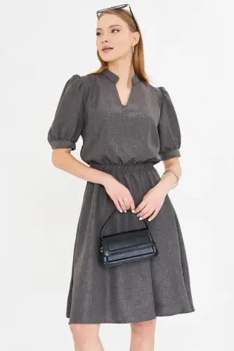 Women's Smocked V-Neck Elastic Waist Short Sleeve A-Line Dress - 1