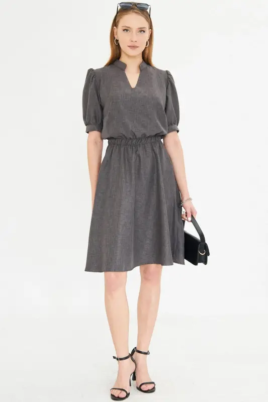 Women's Smocked V-Neck Elastic Waist Short Sleeve A-Line Dress - 2