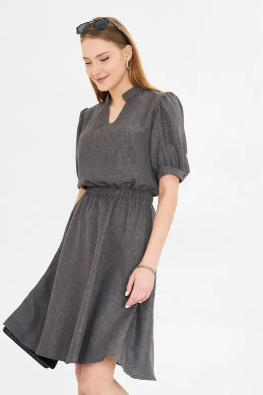 Women's Smocked V-Neck Elastic Waist Short Sleeve A-Line Dress - 4