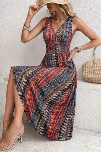 Women's Smocked Waist Ethnic Pattern Sleeveless Supre Dress - 1