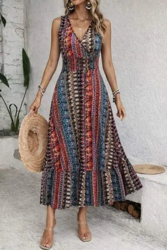 Women's Smocked Waist Ethnic Pattern Sleeveless Supre Dress - BÜYÜKBEDENIZ (1)