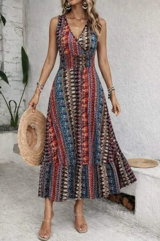 Women's Smocked Waist Ethnic Pattern Sleeveless Supre Dress - 2