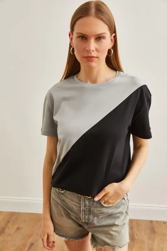 Women's Smoke Black Asymmetric Blocked T-Shirt TSH-19000 - 2