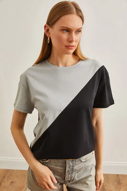 Women's Smoke Black Asymmetric Blocked T-Shirt TSH-19000 - 3