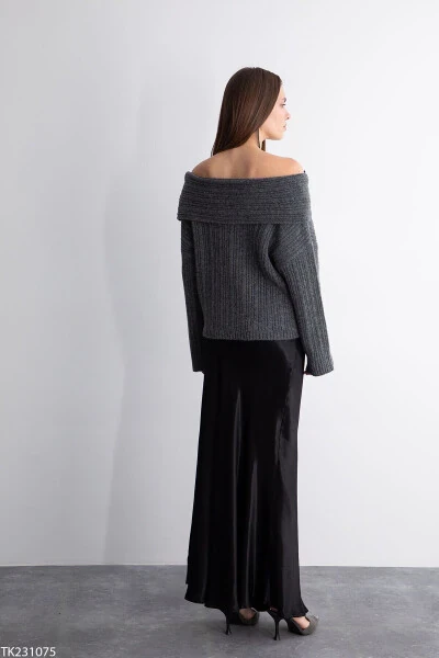 Women's Smoke Degaje Collar Off-Shoulder Ribbed Fold Detail Sweater - GENEL MARKALAR (1)