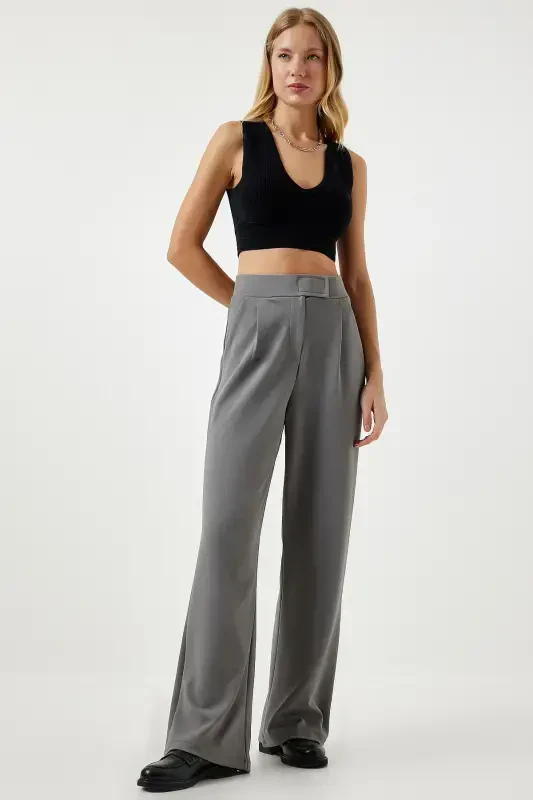 Women's Smoke Gray Elastic Waist Comfortable Woven Trousers RV00150-Smoke Gray - HAPPINESS İSTANBUL