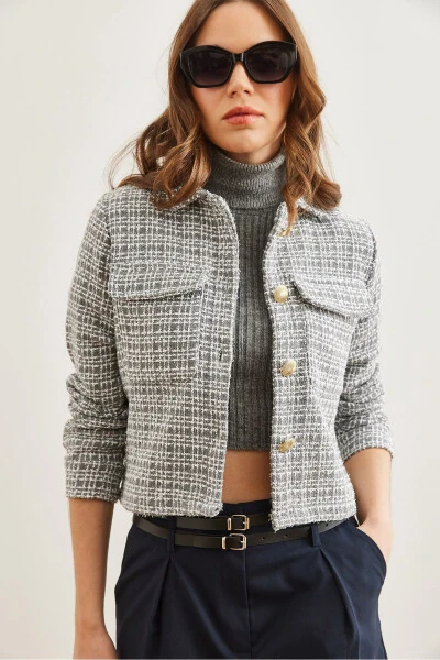 Women's Smoke Gray Flap Pocket Buttoned Sequined Detail Tweed Blazer CKT-19000411 - OLALOOK