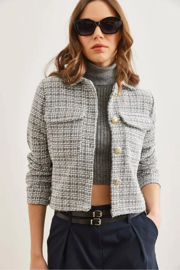 Women's Smoke Gray Flap Pocket Buttoned Sequined Detail Tweed Blazer CKT-19000411 - 1