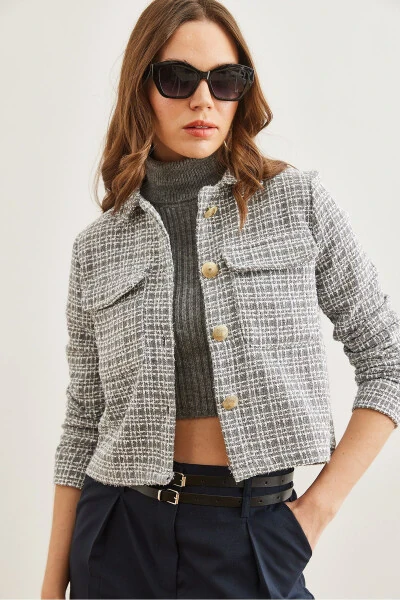 Women's Smoke Gray Flap Pocket Buttoned Sequined Detail Tweed Blazer CKT-19000411 - OLALOOK (1)