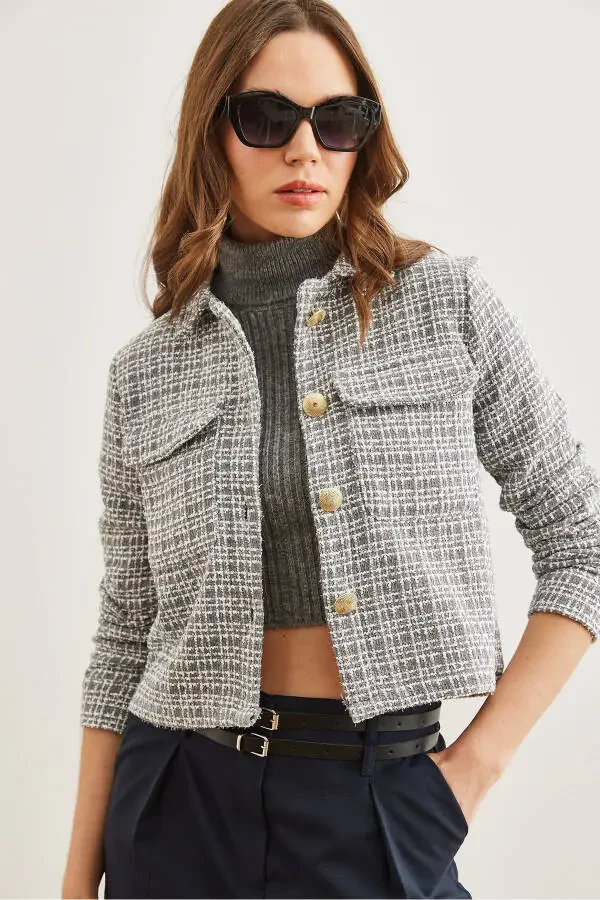 Women's Smoke Gray Flap Pocket Buttoned Sequined Detail Tweed Blazer CKT-19000411 - 2