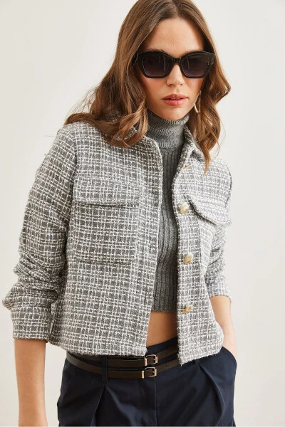 Women's Smoke Gray Flap Pocket Buttoned Sequined Detail Tweed Blazer CKT-19000411 - 3