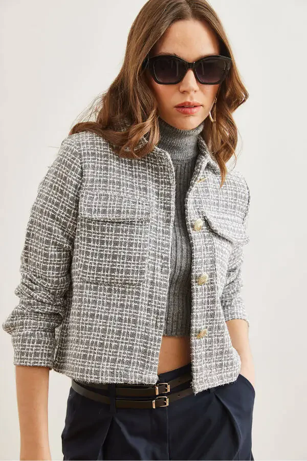 Women's Smoke Gray Flap Pocket Buttoned Sequined Detail Tweed Blazer CKT-19000411 - 3