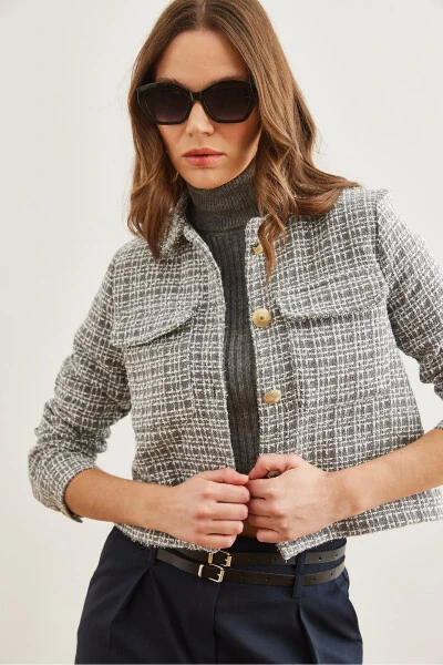 Women's Smoke Gray Flap Pocket Buttoned Sequined Detail Tweed Blazer CKT-19000411 - 4