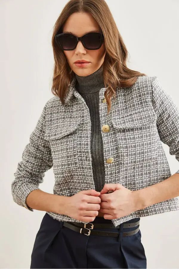Women's Smoke Gray Flap Pocket Buttoned Sequined Detail Tweed Blazer CKT-19000411 - 4