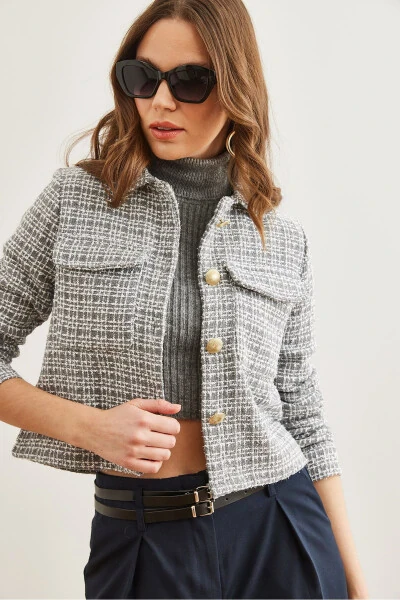 Women's Smoke Gray Flap Pocket Buttoned Sequined Detail Tweed Blazer CKT-19000411 - 5