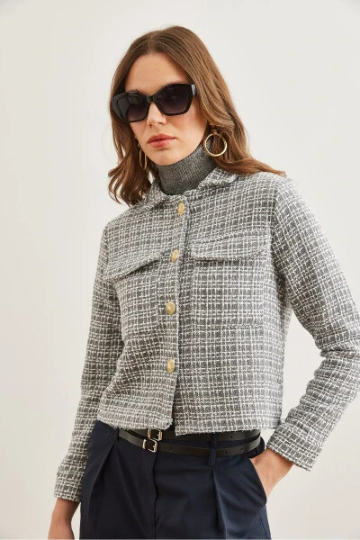 Women's Smoke Gray Flap Pocket Buttoned Sequined Detail Tweed Blazer CKT-19000411 - 6