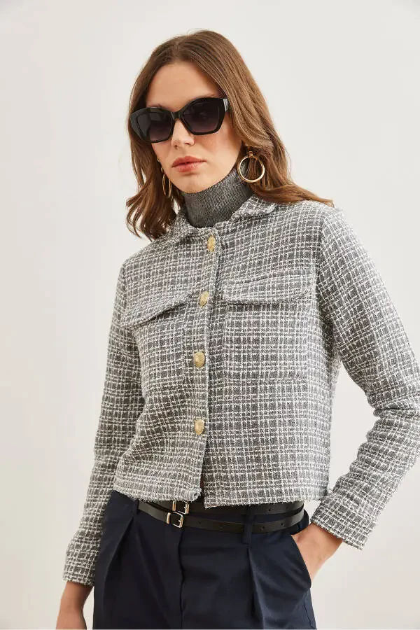 Women's Smoke Gray Flap Pocket Buttoned Sequined Detail Tweed Blazer CKT-19000411 - 6